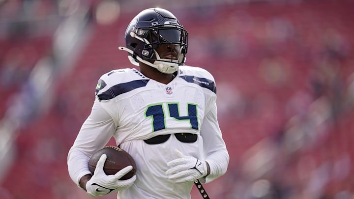 Dec 10, 2023; Santa Clara, California, USA; Seattle Seahawks wide receiver DK Metcalf (14) runs with the ball before the start of the game against the San Francisco 49ers at Levi's Stadium. Mandatory Credit: Cary Edmondson-Imagn Images