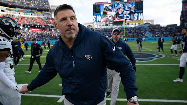 Tennessee Titans Head Coach Mike Vrabel heads off the field after beating the Jacksonville Jaguars and knocking them out of the playoffs after their game at Nissan Stadium in Nashville, Tenn., Sunday, Jan. 7, 2024. Tennessee Titans Head Coach Mike Vrabel heads off the field after beating the Jacksonville Jaguars and knocking them out of the playoffs after their game at Nissan Stadium in Nashville, Tenn., Sunday, Jan. 7, 2024.