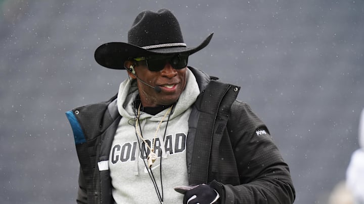 Apr 27, 2024; Boulder, CO, USA; Colorado Buffaloes head coach Deion Sanders during a spring game event at Folsom Field. Mandatory Credit: Ron Chenoy-Imagn Images