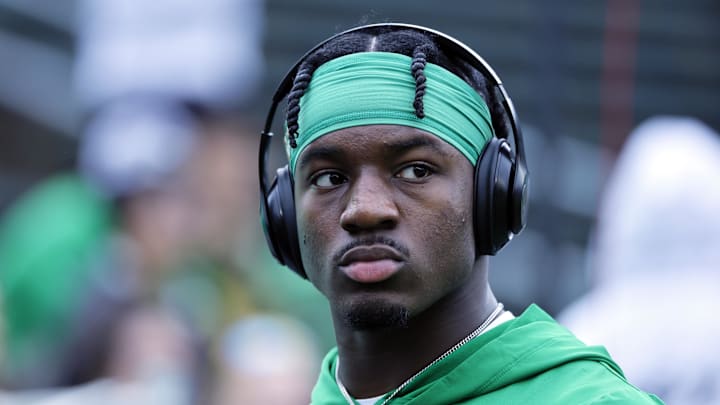 Oct 21, 2023; Eugene, Oregon, USA; Oregon Ducks linebacker Jeffrey Bassa (2) looks on during warm ups prior to the game against the Washington State Cougars at Autzen Stadium. Mandatory Credit: Soobum Im-Imagn Images