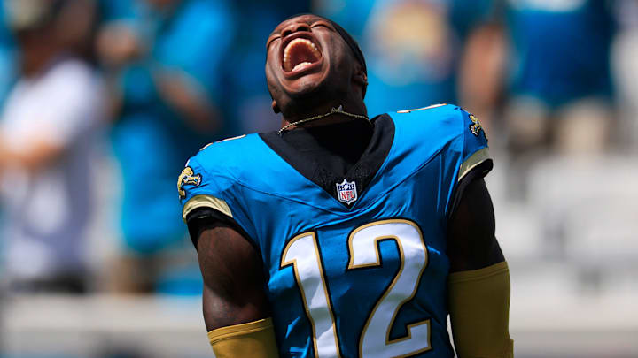 Jacksonville Jaguars wide receiver Travis Hunter (12) yells as his is introduced before an NFL football matchup at EverBank Stadium, Sunday, Sept. 21, 2025, in Jacksonville, Fla. [Corey Perrine/Florida Times-Union]