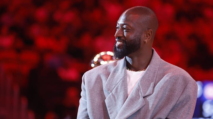 Oct 28, 2024; Miami, Florida, USA; Former Miami Heat guard Dwyane Wade is honored at halftime during the game against the Detroit Pistons at Kaseya Center. Oct 28, 2024; Miami, Florida, USA; Former Miami Heat guard Dwyane Wade is honored at halftime during the game against the Detroit Pistons at Kaseya Center.