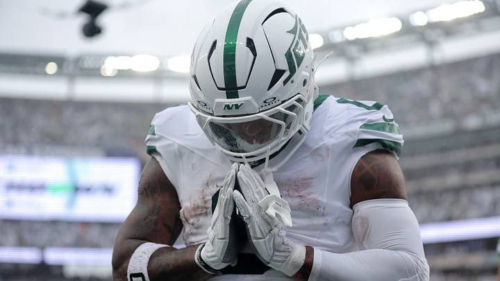 New York Jets running back Braelon Allen (0) celebrates scoring a touchdown during the second quarter against the Green Bay Packers at MetLife Stadium.  Mandatory Credit: Brad Penner-Imagn Images
