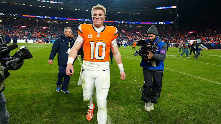 Jan 17, 2026; Denver, CO, USA; Denver Broncos quarterback Bo Nix (10) reacts after winning an AFC Divisional Round playoff game against the Buffalo Bills at Empower Field at Mile High. Mandatory Credit: Ron Chenoy-Imagn Images