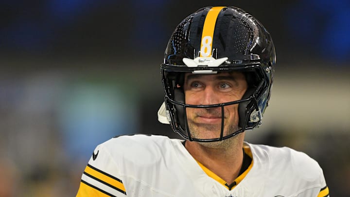 Nov 9, 2025; Inglewood, California, USA; Pittsburgh Steelers quarterback Aaron Rodgers (8) looks on during warmups before the game against the Los Angeles Chargers at SoFi Stadium. Mandatory Credit: Jayne Kamin-Oncea-Imagn Images