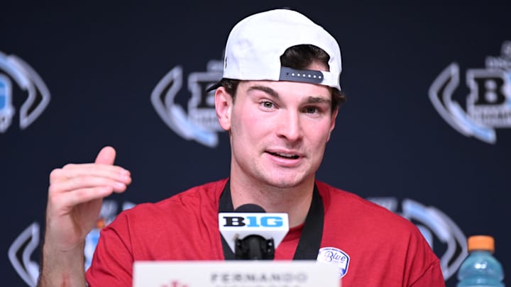 Dec 6, 2025; Indianapolis, IN, USA; Indiana Hoosiers quarterback Fernando Mendoza (15) speaks in a press conference after defeating the Ohio State Buckeyes in the 2025 Big Ten championship game at Lucas Oil Stadium. Mandatory Credit: Robert Goddin-Imagn Images