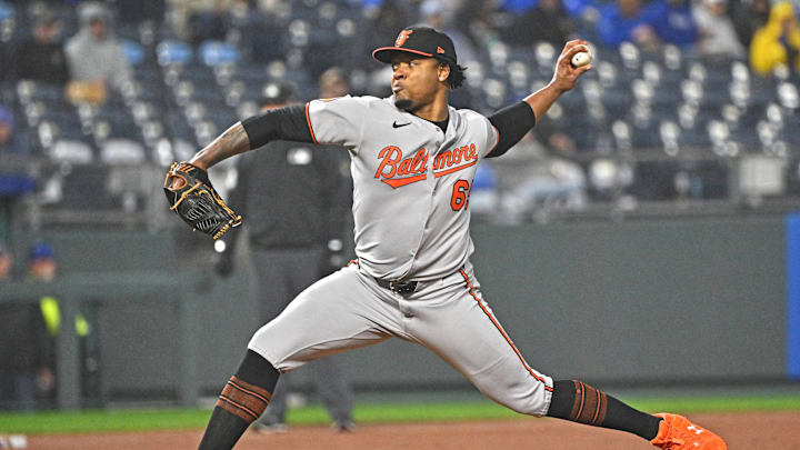 Apr 4, 2025; Kansas City, Missouri, USA;  Baltimore Orioles relief pitcher Gregory Soto (65) throws a pitch in the fifth inning against the Kansas City Royals at Kauffman Stadium. Mandatory Credit: Peter Aiken-Imagn Images