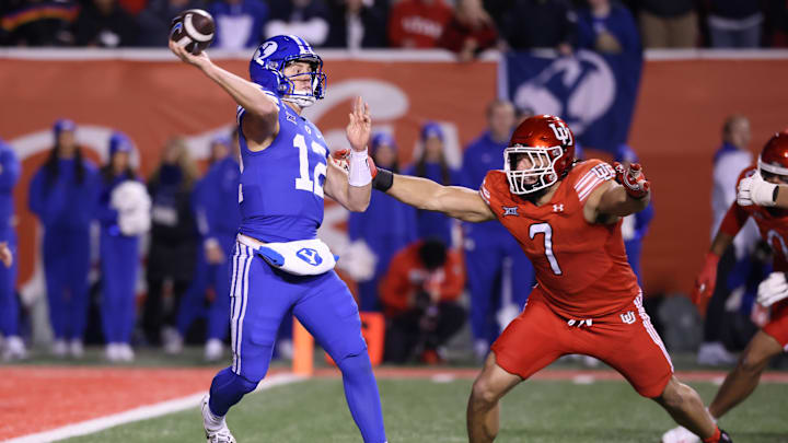 Brigham Young Cougars quarterback Jake Retzlaff (12) 