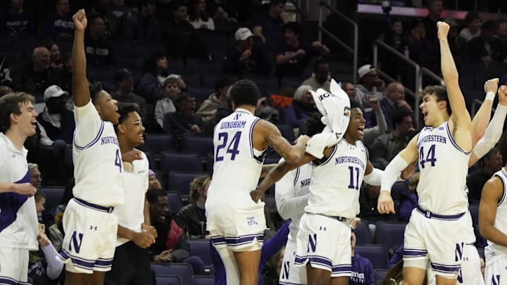 Dec 13, 2025; Evanston, Illinois, USA; The Northwestern Wildcats bench celebrates against the Jackson State Tigers during the second half at Welsh-Ryan Arena. Mandatory Credit: David Banks-Imagn Images