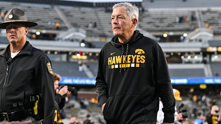 Oct 26, 2024; Iowa City, Iowa, USA; Iowa Hawkeyes head coach Kirk Ferentz walks off the field after a game against the Northwestern Wildcats at Kinnick Stadium. Mandatory Credit: Jeffrey Becker-Imagn Images