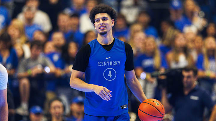 Oct 11, 2024; Lexington, KY, USA; Kentucky Wildcats guard Koby Brea (4) smiles as the team warms up during Big Blue Madness at Rupp Arena at Central Bank Center. Mandatory Credit: Jordan Prather-Imagn Images