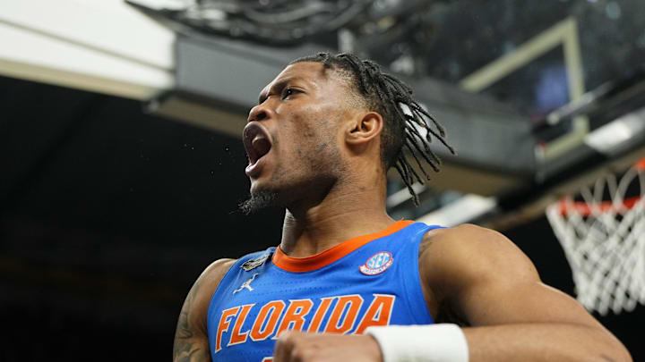 Apr 7, 2025; San Antonio, TX, USA; Florida Gators guard Alijah Martin (15) reacts after a play against the Houston Cougars during the second half of the national championship game of the Final Four of the 2025 NCAA Tournament at the Alamodome. Mandatory Credit: Bob Donnan-Imagn Images