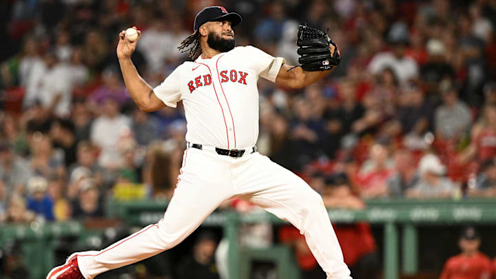Aug 27, 2024; Boston, Massachusetts, USA; Boston Red Sox relief pitcher Kenley Jansen (74) pitches against the Toronto Blue Jays during the ninth inning at Fenway Park. Mandatory Credit: Brian Fluharty-Imagn Images