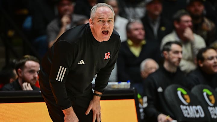 Mar 4, 2025; West Lafayette, Indiana, USA; Rutgers Scarlet Knights head coach Steve Pikiell reacts to a call during the first half against the Purdue Boilermakers at Mackey Arena. Mandatory Credit: Marc Lebryk-Imagn Images Mar 4, 2025; West Lafayette, Indiana, USA; Rutgers Scarlet Knights head coach Steve Pikiell reacts to a call during the first half against the Purdue Boilermakers at Mackey Arena. Mandatory Credit: Marc Lebryk-Imagn Images