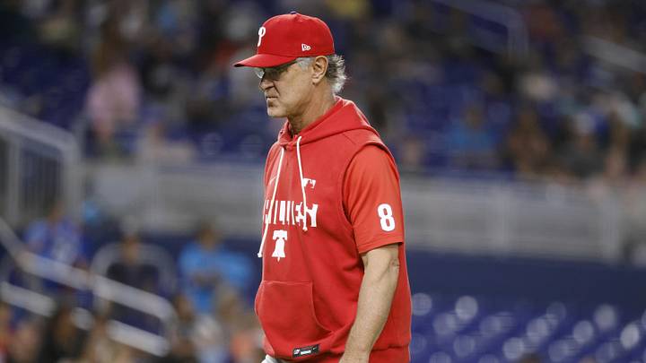 May 1,  2026; Miami, Florida, USA;  Philadelphia Phillies interim manager Don Mattingly (8) walks back to the mound after a pitching change against the Miami Marlins during the eighth inning at loanDepot Park. 