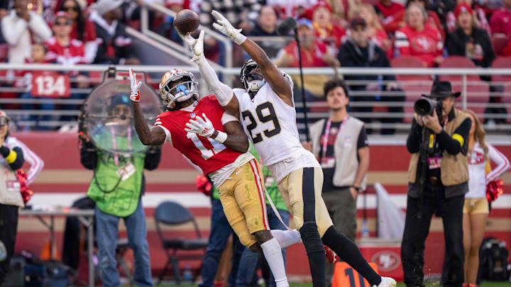 November 27, 2022; Santa Clara, California, USA; New Orleans Saints cornerback Paulson Adebo (29)