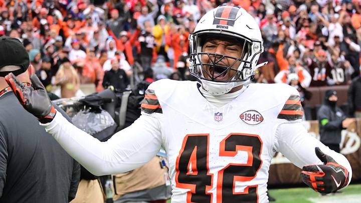 Oct 15, 2023; Cleveland, Ohio, USA; Cleveland Browns linebacker Tony Fields II (42) celebrates during the second half against the San Francisco 49ers at Cleveland Browns Stadium. Mandatory Credit: Ken Blaze-Imagn Images