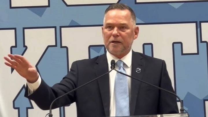 UNC basketball coach Michael Malone during his first press conference inside the Smith Center on Tuesday, April 7, 2026.
