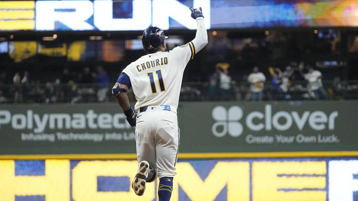 Oct 3, 2026; Milwaukee, Wisconsin, USA; Milwaukee Brewers outfielder Jackson Chourio (11) celebrates hitting a two run home run during the third inning against the San Diego Padres in game one of the NLDS for the 2026 MLB Playoffs at American Family Field. Mandatory Credit: Michael McLoone-Imagn Images Oct 3, 2026; Milwaukee, Wisconsin, USA; Milwaukee Brewers outfielder Jackson Chourio (11) celebrates hitting a two run home run during the third inning against the San Diego Padres in game one of the NLDS for the 2026 MLB Playoffs at American Family Field. Mandatory Credit: Michael McLoone-Imagn Images