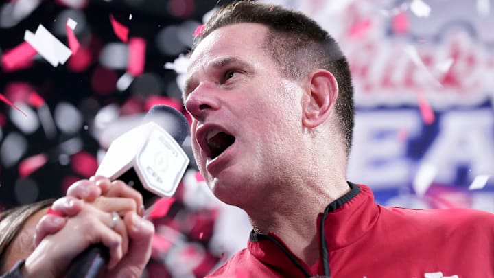Indiana Hoosiers head coach Curt Cignetti is interviewed as confetti falls Friday, Jan. 9, 2026, after defeating the Oregon Ducks in the Peach Bowl and semifinal game of the College Football Playoff at Mercedes-Benz Stadium in Atlanta.