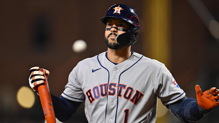 Apr 28, 2026; Baltimore, Maryland, USA; Houston Astros infielder Carlos Correa (1) reacts after striking out in the seventh inning against the Baltimore Orioles at Oriole Park at Camden Yards. Mandatory Credit: Jamie Sabau-Imagn Images Apr 28, 2026; Baltimore, Maryland, USA; Houston Astros infielder Carlos Correa (1) reacts after striking out in the seventh inning against the Baltimore Orioles at Oriole Park at Camden Yards. Mandatory Credit: Jamie Sabau-Imagn Images