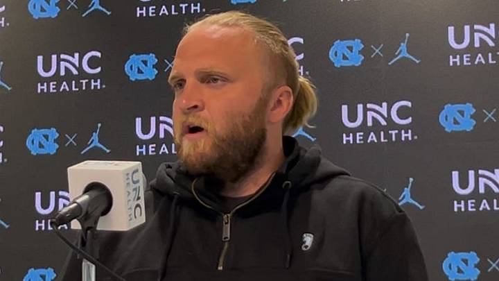 UNC football defensive coordinator Steve Belichick during a press conference on Aug. 6, 2025, inside the Kenan Football Center.