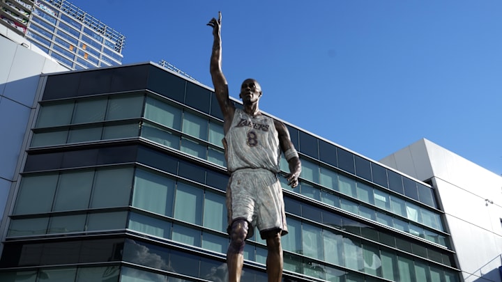 Mar 18, 2024; Los Angeles, California, USA; A statue of Kobe Bryant at Crypto.com Arena. Mandatory Credit: Kirby Lee-Imagn Images