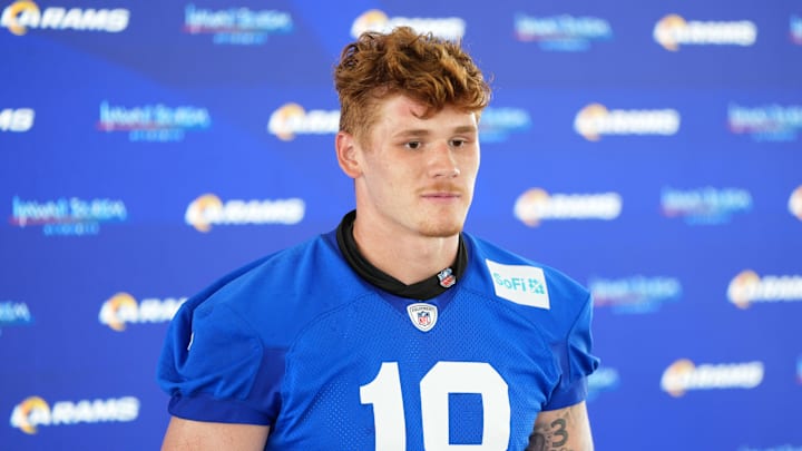 May 28, 2025; Woodland Hills, CA, USA; Los Angeles Rams tight end Terrance Ferguson (18) at press conference during organized team activities at Rams Practice Facility. Mandatory Credit: Kirby Lee-Imagn Images May 28, 2025; Woodland Hills, CA, USA; Los Angeles Rams tight end Terrance Ferguson (18) at press conference during organized team activities at Rams Practice Facility. Mandatory Credit: Kirby Lee-Imagn Images