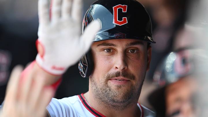 Aug 20, 2026: Cleveland Guardians first baseman Nathaniel Lowe (46) celebrates after hitting a sacrifice fly during the first inning against the San Francisco Giants at Progressive Field. Credit: Ken Blaze-Imagn Images