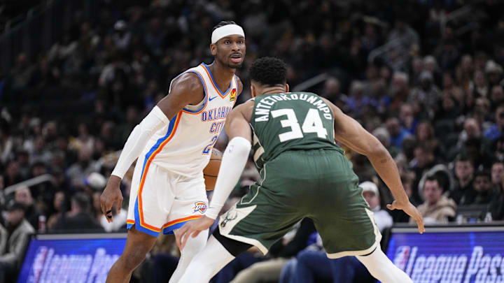 Jan 21, 2026; Milwaukee, Wisconsin, USA; Oklahoma City Thunder guard Shai Gilgeous-Alexander (2) drives against Milwaukee Bucks forward Giannis Antetokounmpo (34) in the first half at Fiserv Forum. Mandatory Credit: Michael McLoone-Imagn Images Jan 21, 2026; Milwaukee, Wisconsin, USA; Oklahoma City Thunder guard Shai Gilgeous-Alexander (2) drives against Milwaukee Bucks forward Giannis Antetokounmpo (34) in the first half at Fiserv Forum. Mandatory Credit: Michael McLoone-Imagn Images