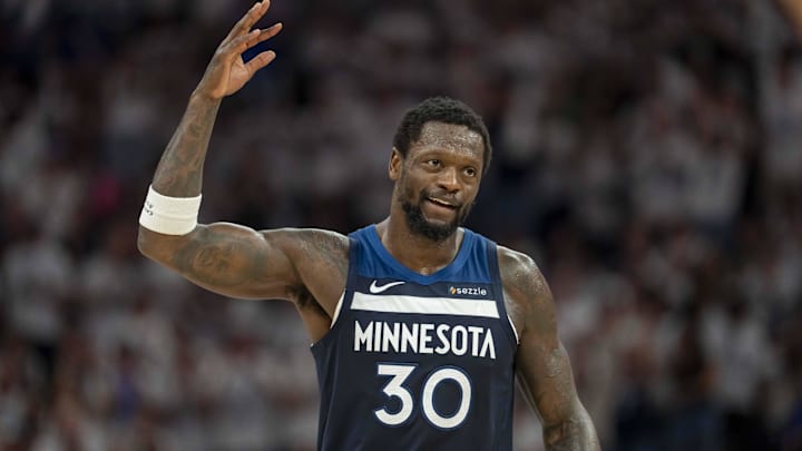 May 14, 2025; Minneapolis, Minnesota, USA; Minnesota Timberwolves forward Julius Randle (30) raises his arm to pump up the crowd after making a shot against the Golden State Warriors in the first half during game five of the second round for the 2025 NBA Playoffs at Target Center. Mandatory Credit: Jesse Johnson-Imagn Images May 14, 2025; Minneapolis, Minnesota, USA; Minnesota Timberwolves forward Julius Randle (30) raises his arm to pump up the crowd after making a shot against the Golden State Warriors in the first half during game five of the second round for the 2025 NBA Playoffs at Target Center. Mandatory Credit: Jesse Johnson-Imagn Images