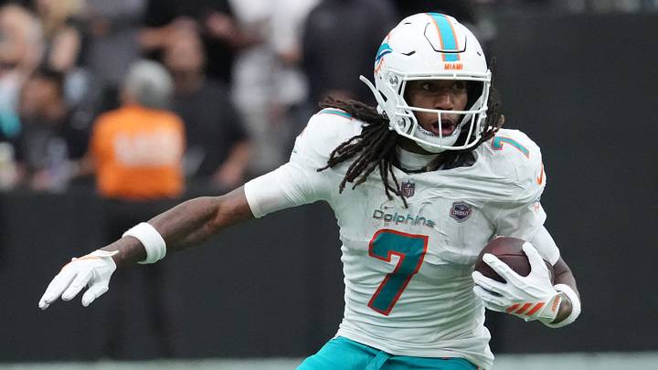 Miami Dolphins wide receiver Caleb Douglas (7) runs with the ball in the second quarter against the Las Vegas Raiders at Allegiant Stadium. Miami Dolphins wide receiver Caleb Douglas (7) runs with the ball in the second quarter against the Las Vegas Raiders at Allegiant Stadium.