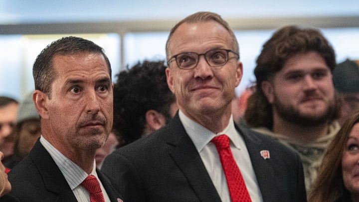 New Wisconsin new head football coach Luke Fickell, left, is shown with athletic director Chris McIntosh at a welcome event Monday, November 28, 2022 at Camp Randall Stadium in Madison, Wis.