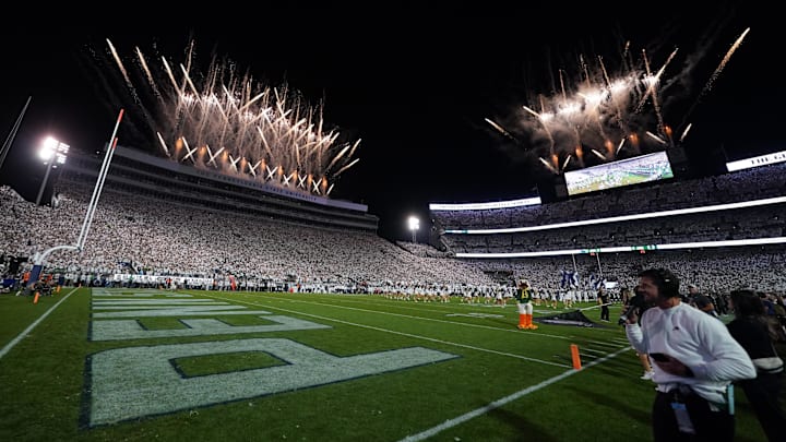 Fireworks are seen prior to a game between the Penn State Nittany Lions and the Oregon Ducks at Beaver Stadium. 