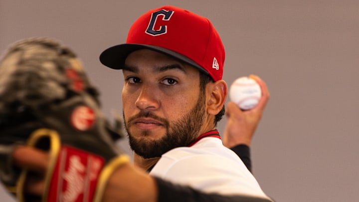 Feb 19, 2026: Cleveland Guardians pitcher Daniel Espino (66) during media day in Goodyear. Mandatory Credit: Arianna Grainey-Imagn Images
