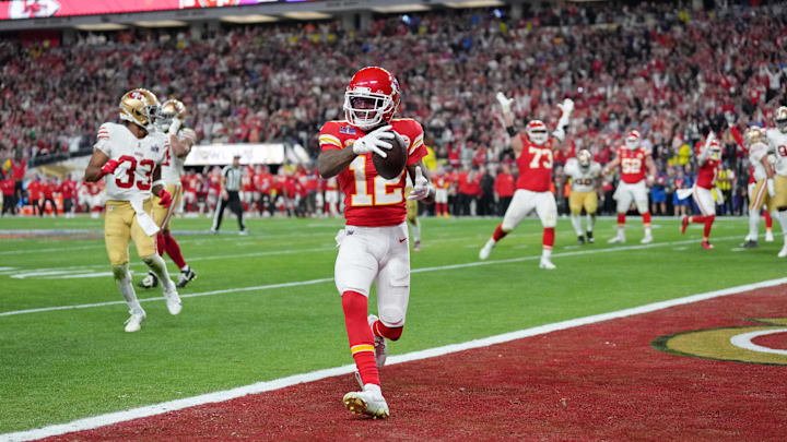 Mecole Hardman hauls in the winning touchdown pass at the Super Bowl after the 2023 season. Now Hardman is a Packer.