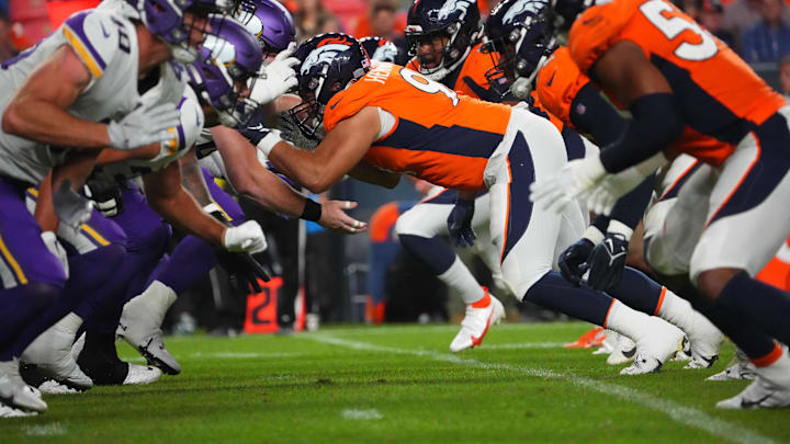 Aug 27, 2022; Denver, Colorado, USA; Denver Broncos defensive end Matt Henningsen (91) during the second half against the Minnesota Vikings at Empower Field at Mile High. Mandatory Credit: Ron Chenoy-Imagn Images