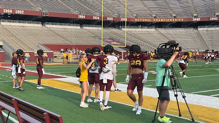 Koi Perich (No. 3) at Gophers practice.