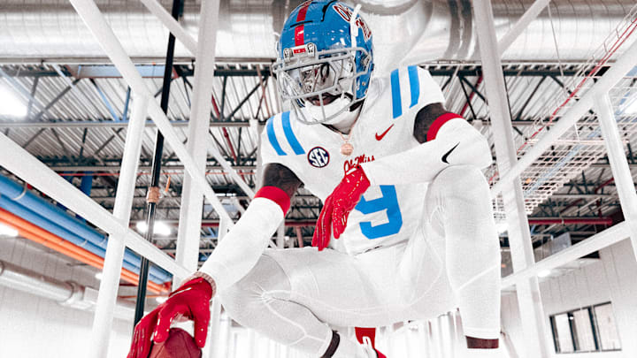 Ole Miss cornerback Trey Amos wearing the Rebels' uniform combination for this weekend's game against Florida.