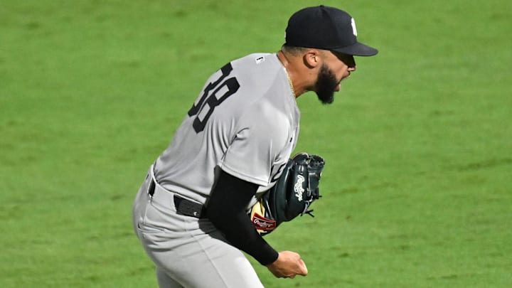 Aug 20, 2025; St. Petersburg, Florida, USA; New York Yankees relief pitcher Devin Williams (38) reacts after getting the last out against the Tampa Bay Rays  at George M. Steinbrenner Field. Mandatory Credit: Jonathan Dyer-Imagn Images