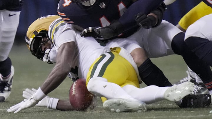Green Bay Packers receiver Romeo Doubs (87) fails to recover an onside during the fourth quarter against the Chicago Bears.