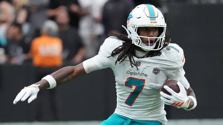 Miami Dolphins wide receiver Caleb Douglas (7) runs with the ball in the second quarter against the Las Vegas Raiders at Allegiant Stadium. Miami Dolphins wide receiver Caleb Douglas (7) runs with the ball in the second quarter against the Las Vegas Raiders at Allegiant Stadium.