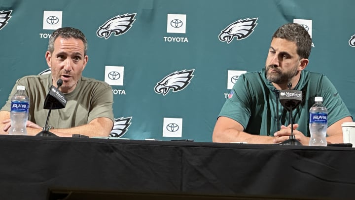Eagles GM Howie Roseman (left) and head coach Nick Sirianni discuss their 53-man roster and cuts that were made to get there. Eagles GM Howie Roseman (left) and head coach Nick Sirianni discuss their 53-man roster and cuts that were made to get there.
