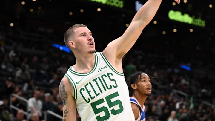 Oct 12, 2024; Boston, Massachusetts, USA; Boston Celtics forward Baylor Scheierman (55) attempts a three-point basket against the Philadelphia 76ers during the second half at the TD Garden. Mandatory Credit: Brian Fluharty-Imagn Images Oct 12, 2024; Boston, Massachusetts, USA; Boston Celtics forward Baylor Scheierman (55) attempts a three-point basket against the Philadelphia 76ers during the second half at the TD Garden. Mandatory Credit: Brian Fluharty-Imagn Images