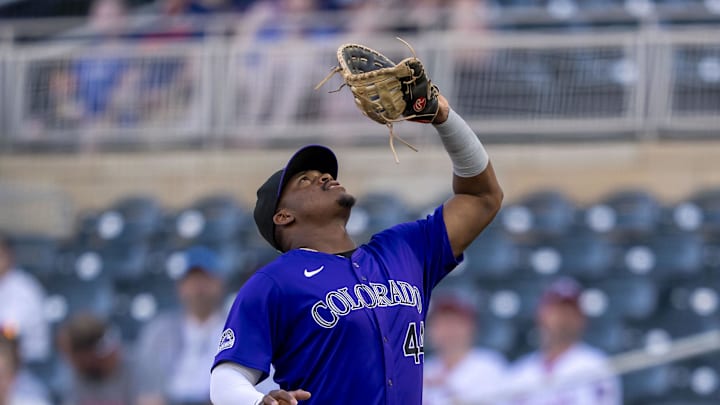 Colorado Rockies first baseman Elehuris Montero (44) catches a fly ball against the Minnesota Twins in the second inning at Target Field on June 11.