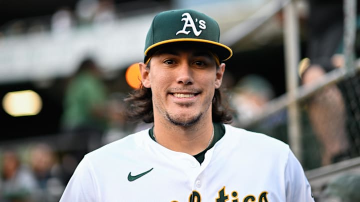 Sep 4, 2024; Oakland, California, USA; Oakland Athletics first baseman Tristan Gray (16) smiles as he walks to the field before their game against the Seattle Mariners at Oakland-Alameda County Coliseum. Mandatory Credit: Eakin Howard-Imagn Images