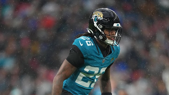 Oct 19, 2025; London, United Kingdom; Jacksonville Jaguars safety Antonio Johnson (26) gets in position before a play against the Los Angeles Rams during the first half of an NFL International Series game at Wembley Stadium. 