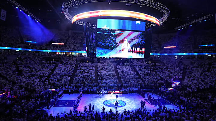 May 26, 2025; Minneapolis, Minnesota, USA; An overall view before the Oklahoma City Thunder and the Minnesota Timberwolves play in game four of the western conference finals for the 2025 NBA Playoffs at Target Center. Mandatory Credit: Jesse Johnson-Imagn Images