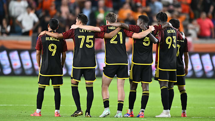 Nov 3, 2024; Houston, Texas, USA; The Seattle Sounders FC  watch during a round of penalty kicks against the Houston Dynamo FC in a 2024 MLS Cup Playoffs Round One match at Shell Energy Stadium. Mandatory Credit: Maria Lysaker-Imagn Images