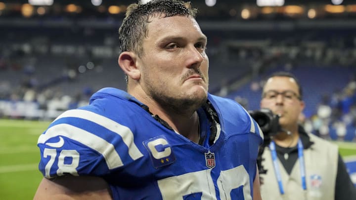 Jan 5, 2025; Indianapolis, Indiana, USA; Indianapolis Colts center Ryan Kelly (78) leaves the field after defeating the Jacksonville Jaguars 26-23 in overtime at Lucas Oil Stadium. Mandatory Credit: Christine Tannous/USA TODAY Network via Imagn Images